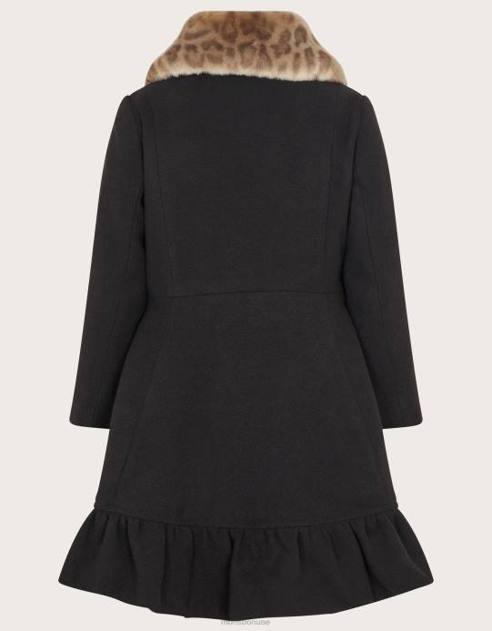 Monsoon بنت معطف بياقة من الفرو الصناعي وحاشية مكشكشة D68H1709 ملابس أسود
