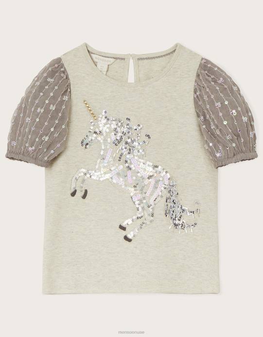 Monsoon بنت بلوزة بأكمام منتفخة من الترتر على شكل وحيد القرن D68H1726 ملابس رمادي