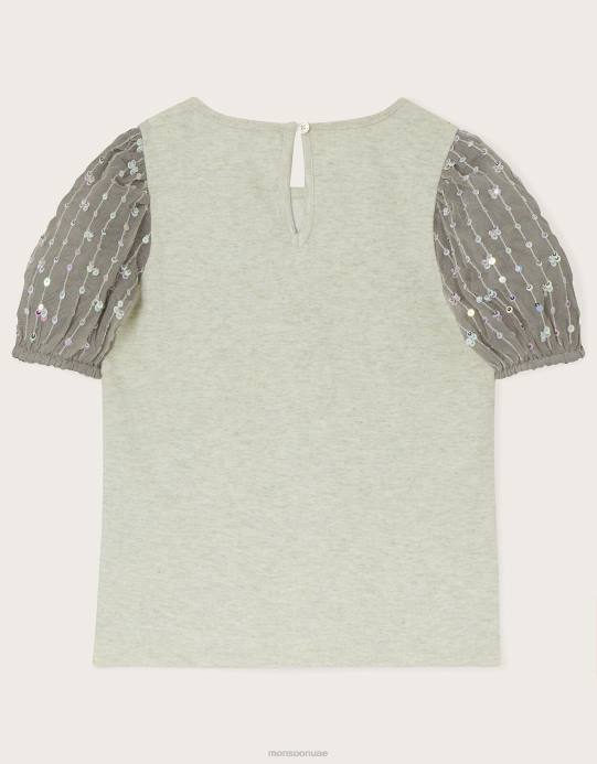 Monsoon بنت بلوزة بأكمام منتفخة من الترتر على شكل وحيد القرن D68H1726 ملابس رمادي