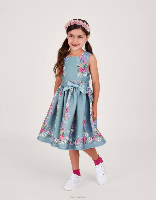 Monsoon بنت فستان حفلات سكوبا مزين بالزهور من سوزي D68H1748 ملابس أخضر