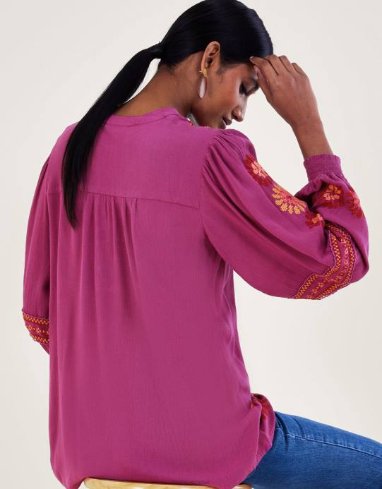 Monsoon نحيف بلوزة مطرزة بالزهور في لينزينج إيكوفيرو D68H174 ملابس لون القرنفل