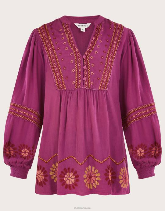 Monsoon نحيف بلوزة مطرزة بالزهور في لينزينج إيكوفيرو D68H174 ملابس لون القرنفل