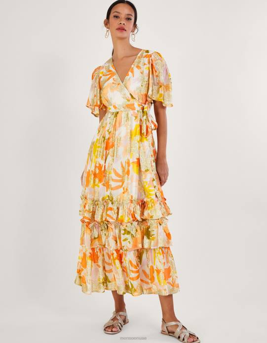 Monsoon نحيف فستان ملفوف بطباعة معدنية من الصفصاف مع فيسكوز مستدام D68H175 ملابس عاج