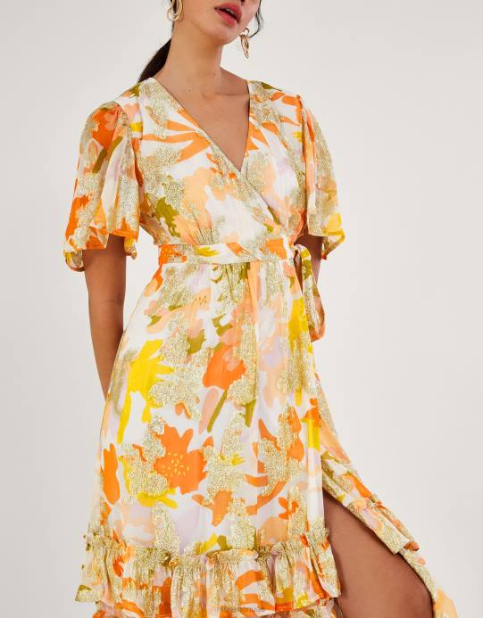 Monsoon نحيف فستان ملفوف بطباعة معدنية من الصفصاف مع فيسكوز مستدام D68H175 ملابس عاج