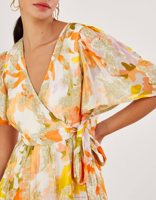 Monsoon نحيف فستان ملفوف بطباعة معدنية من الصفصاف مع فيسكوز مستدام D68H175 ملابس عاج