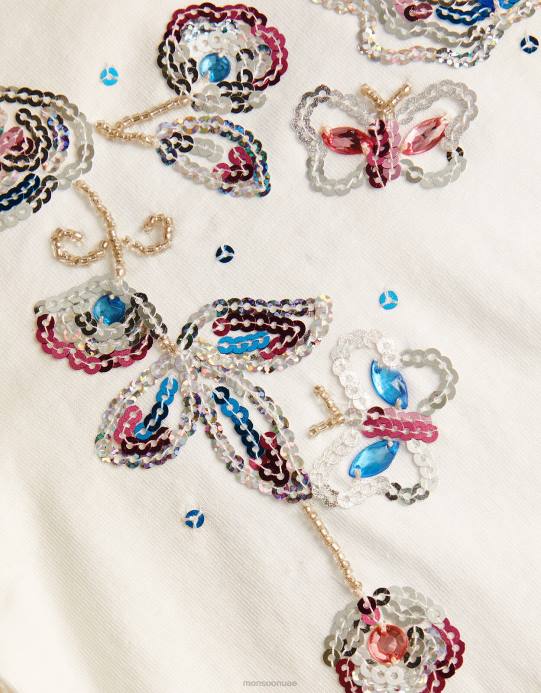 Monsoon بنت قمة طويلة الأكمام بالترتر الزهري D68H1766 ملابس عاج