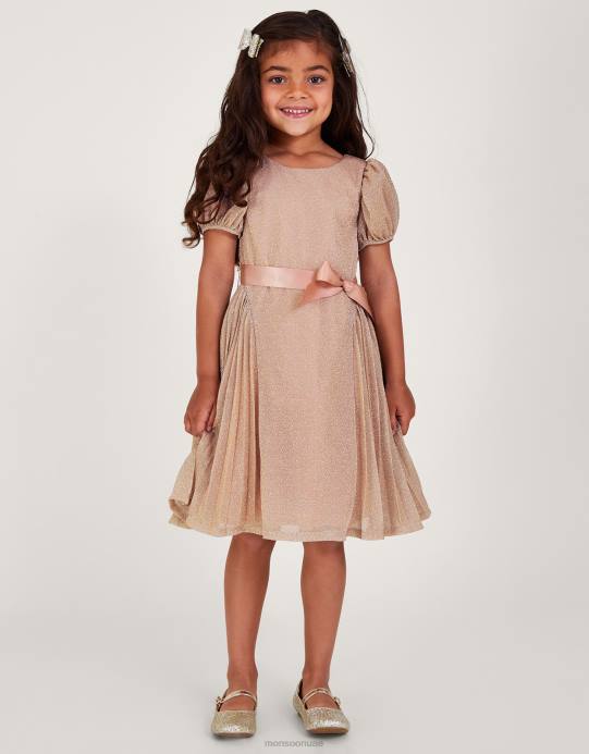 Monsoon بنت فستان حفلات بكسرات على شكل وردة مذهبة D68H1769 ملابس لون القرنفل