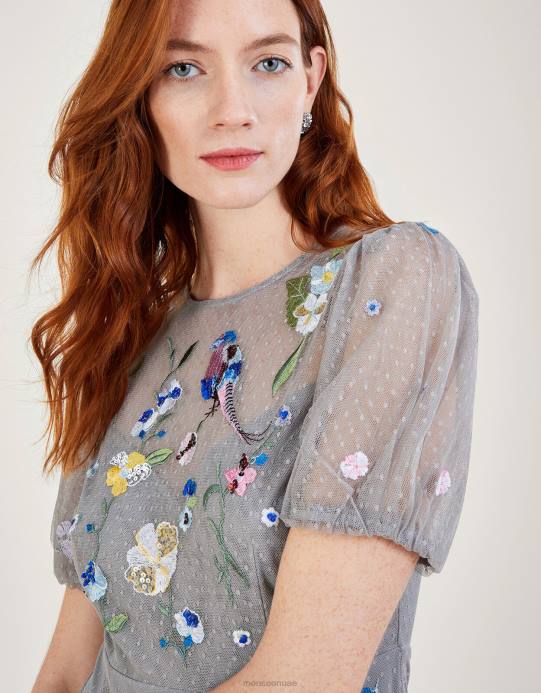 Monsoon نحيف فستان ميدي مطرز بطبقات من جويندولين D68H177 ملابس رمادي