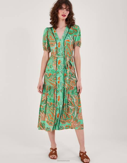 Monsoon نحيف فستان بطباعة وشاح سكاي D68H178 ملابس أخضر