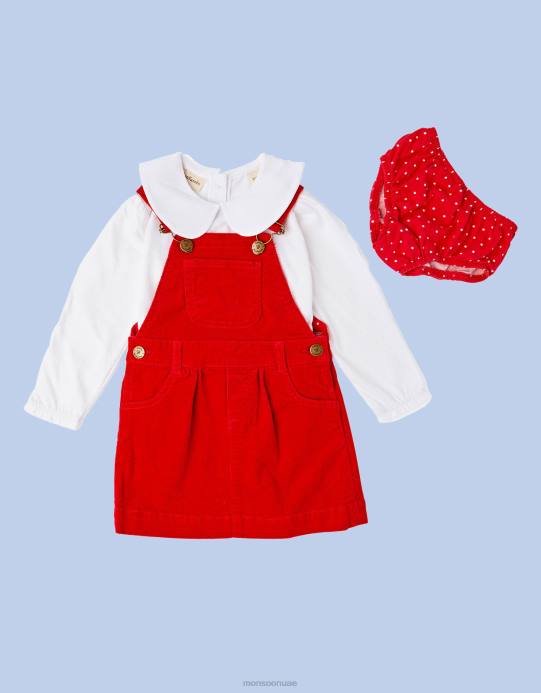Monsoon أطفال طقم فستان وسروال قصير منقط من قماش الدنغري D68H1781 ملابس أحمر