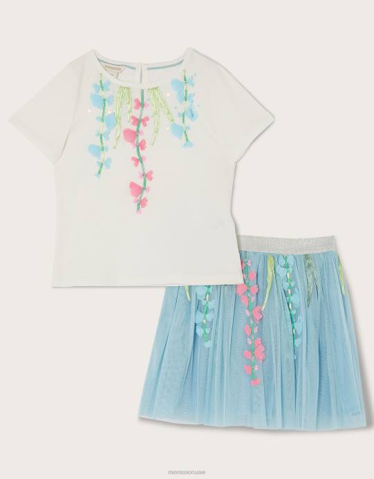 Monsoon بنت طقم تنورة وتنورة بنقشة زهور ديسكو D68H1793 ملابس أزرق