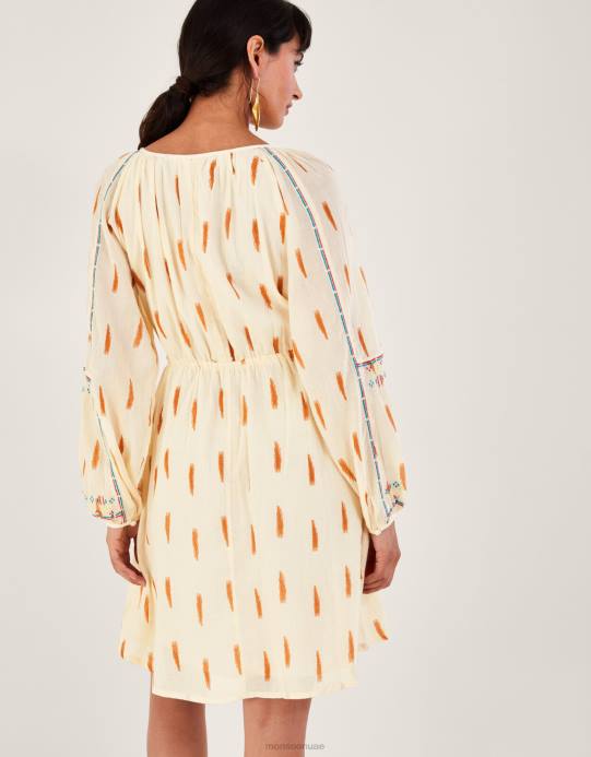 Monsoon نحيف طباعة الأزتيك وفستان قصير مطرز D68H184 ملابس عاج