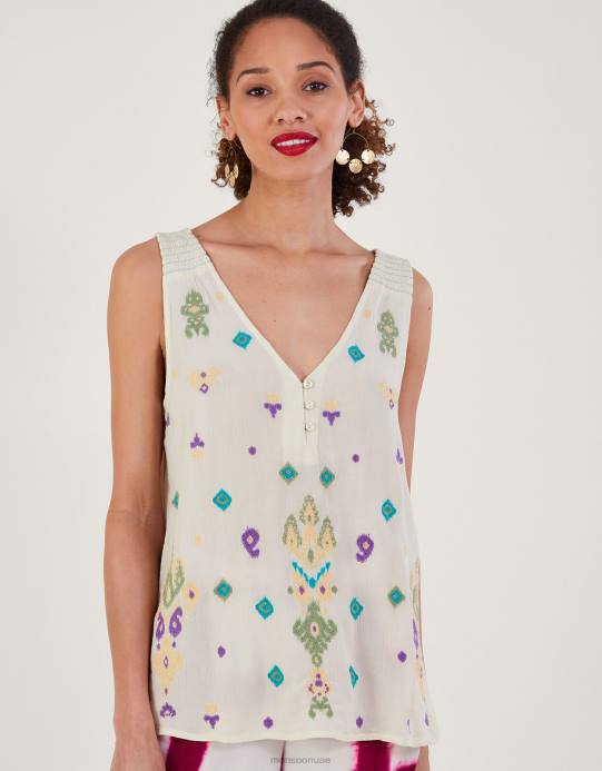 Monsoon نحيف قمة مطرزة بلا أكمام D68H185 ملابس أبيض