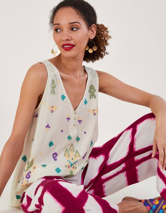 Monsoon نحيف قمة مطرزة بلا أكمام D68H185 ملابس أبيض