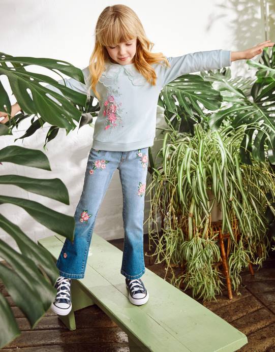 Monsoon بنت جينز مطرز بالزهور D68H1906 ملابس أزرق