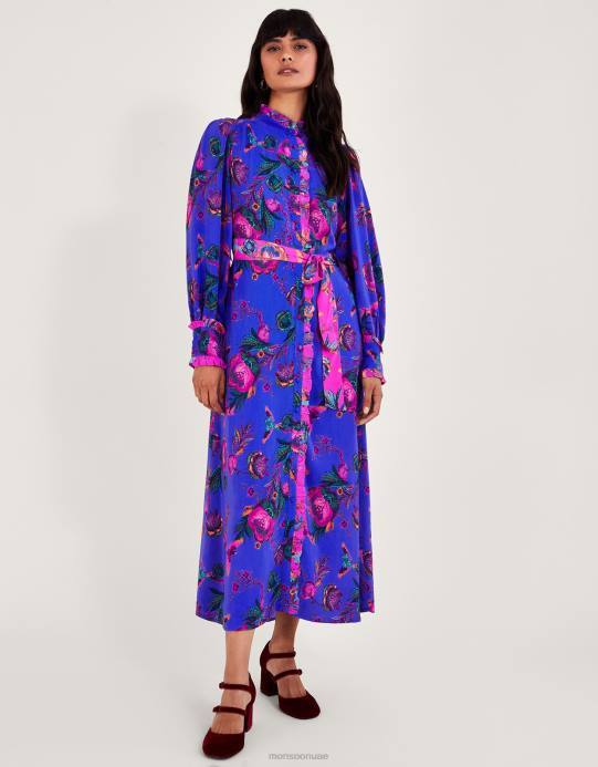 Monsoon نحيف فستان قميص بطبعة جوردن D68H193 ملابس أزرق