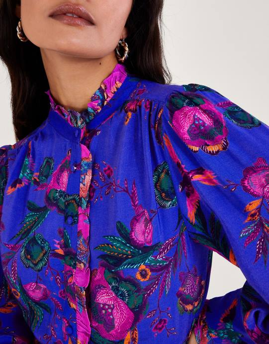 Monsoon نحيف فستان قميص بطبعة جوردن D68H193 ملابس أزرق