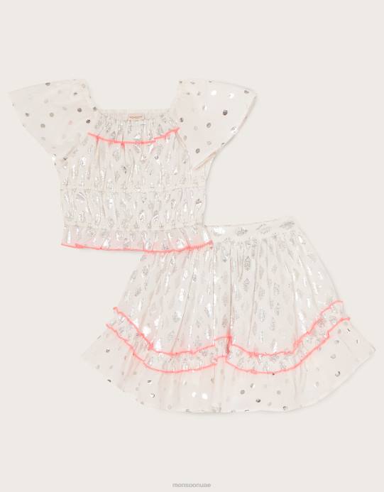 Monsoon بنت طقم تنورة وتنورة من رقائق البيزلي D68H1978 ملابس أبيض