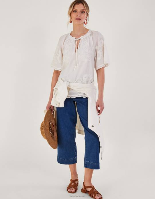 Monsoon نحيف بلوزة مطرزة بأكمام قصيرة D68H201 ملابس أبيض