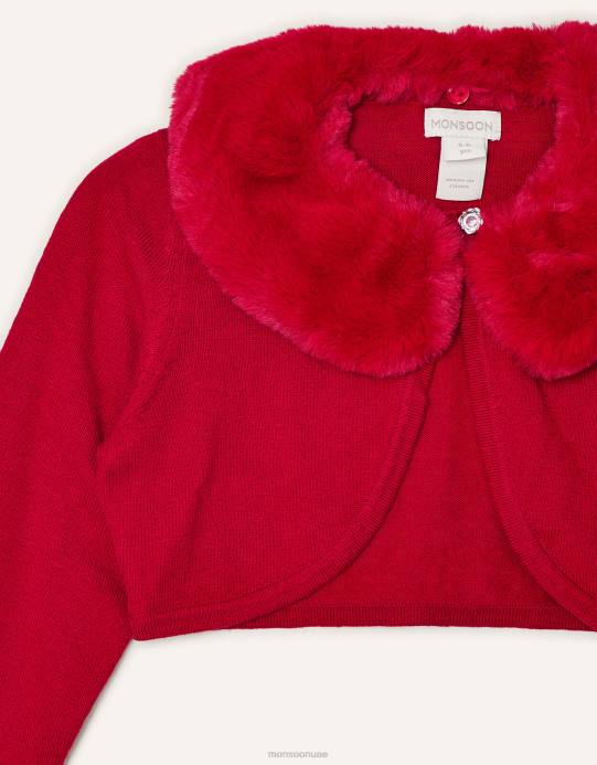 Monsoon بنت سترة صوفية فائقة النعومة بياقة من الفرو الصناعي D68H2031 ملابس أحمر