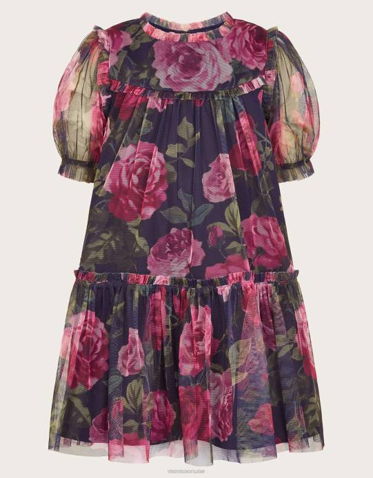 Monsoon بنت فستان شبكي بطبعة ورد من بيبي كوكو D68H2079 ملابس الأزرق الداكن)