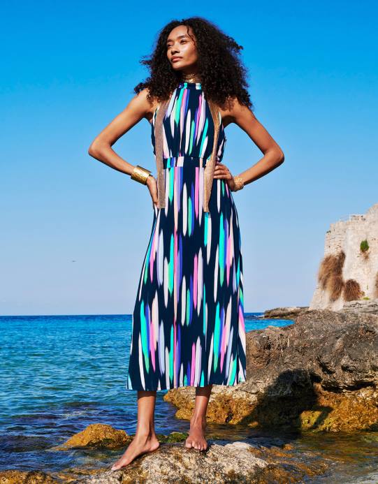 Monsoon نحيف فستان ماكسي بطبعة هولي ورقبة رسن D68H211 ملابس الأزرق الداكن)