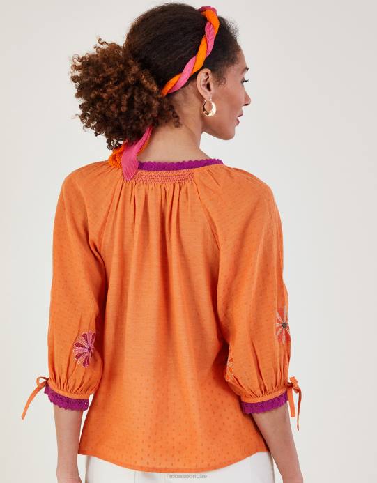 Monsoon نحيف زر علوي مطرز بالزهور D68H212 ملابس البرتقالي