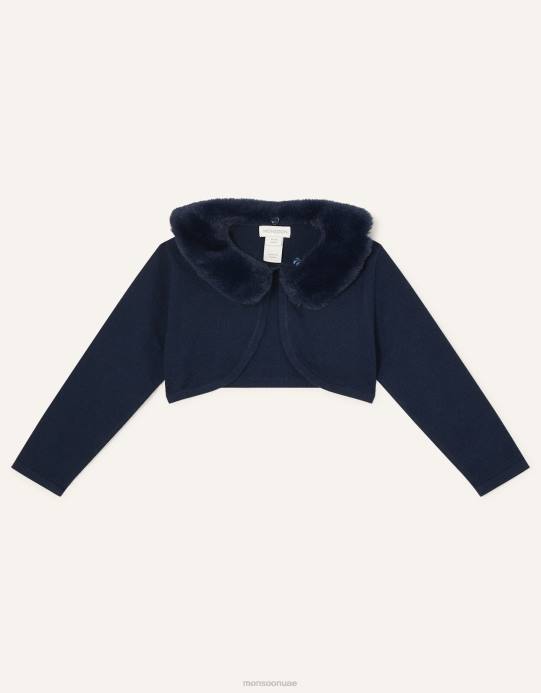 Monsoon بنت سترة صوفية بياقة من الفرو الصناعي فائقة النعومة للأطفال D68H2130 ملابس الأزرق الداكن)