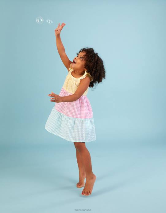 Monsoon أطفال فستان أطفال من القماش القطني بنمط كتل الألوان D68H2160 ملابس متعدد