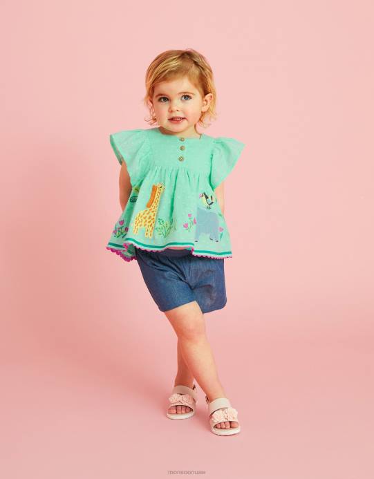 Monsoon بنت طقم قميص وسروال قصير على شكل حيوانات الغابة من بيبي دوبي D68H2164 ملابس الأخضر (النعناع)