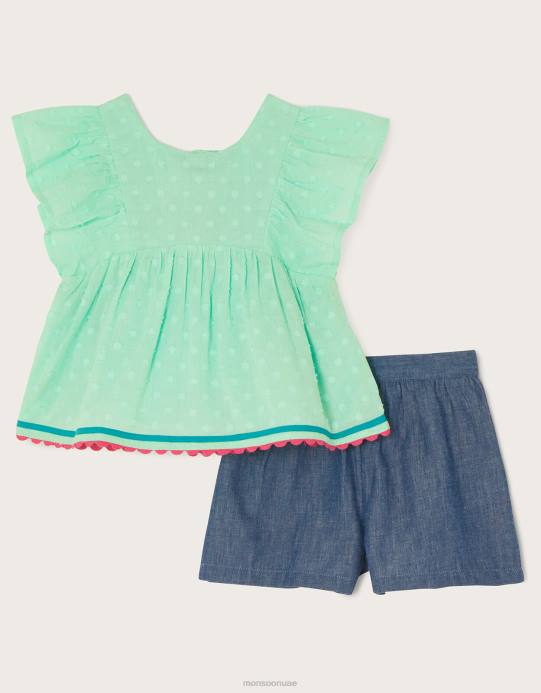 Monsoon بنت طقم قميص وسروال قصير على شكل حيوانات الغابة من بيبي دوبي D68H2164 ملابس الأخضر (النعناع)