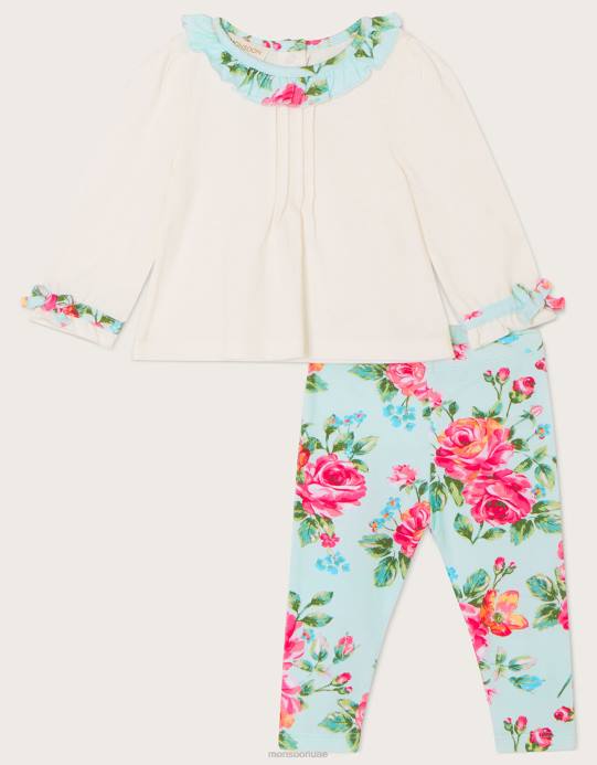 Monsoon أطفال طقم علوي بياقة جيرسيه زهور وبنطلون ضيق مطبوع لحديثي الولادة D68H2166 ملابس الأزرق (أكوا)