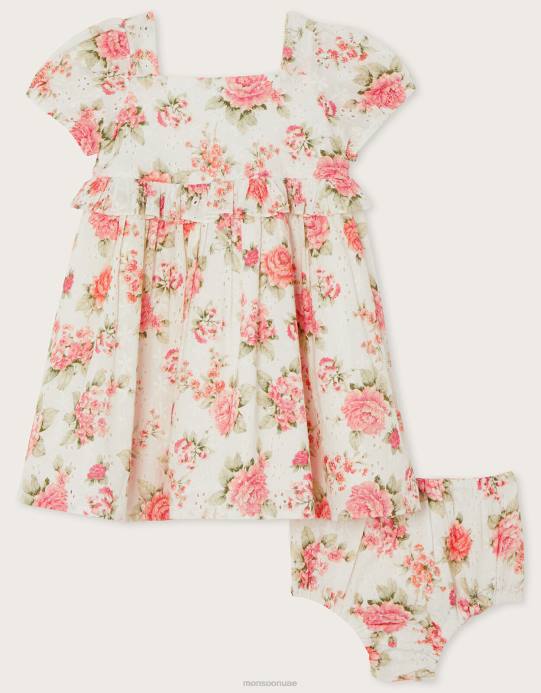 Monsoon أطفال طقم فستان وملابس داخلية مطرزة بالزهور الوردية لحديثي الولادة D68H2171 ملابس برتقالي (مرجاني)