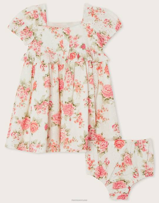 Monsoon أطفال طقم فستان وملابس داخلية مطرزة بالزهور الوردية لحديثي الولادة D68H2171 ملابس برتقالي (مرجاني)