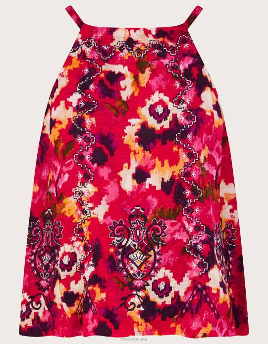 Monsoon نحيف بلوزة كامي بطبعات زهور مطرزة من لينزينج إيكوفيرو D68H218 ملابس أحمر