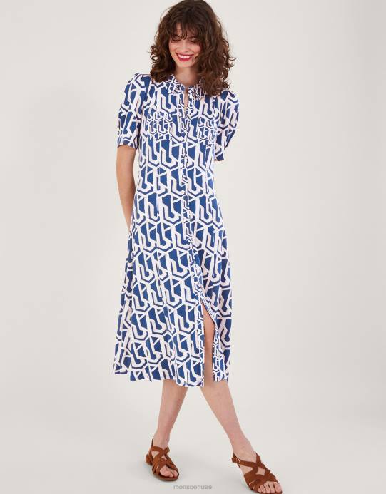 Monsoon نحيف فستان قميص بطبعة هندسية من تصميم ريزولي D68H223 ملابس الأزرق (الكوبالت)