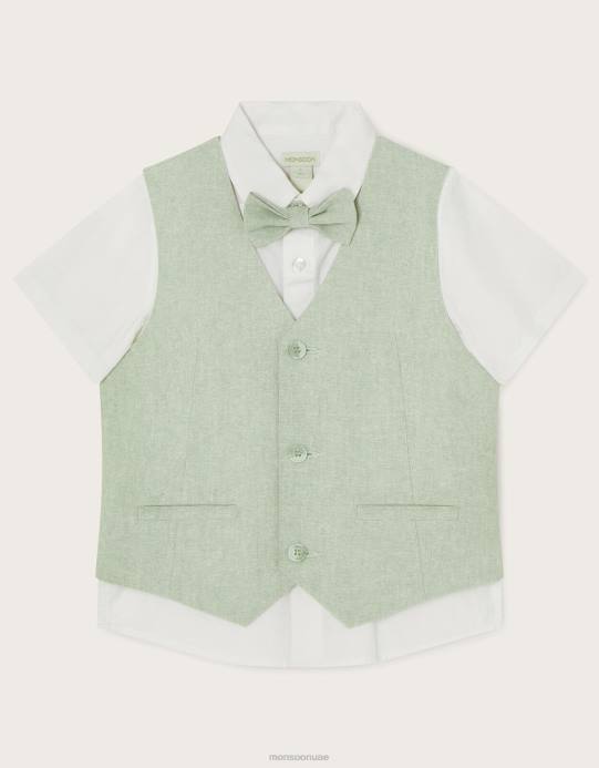 Monsoon ولد طقم صدرية من ثلاث قطع، وربطة عنق، وقميص بأكمام قصيرة D68H2277 ملابس أخضر