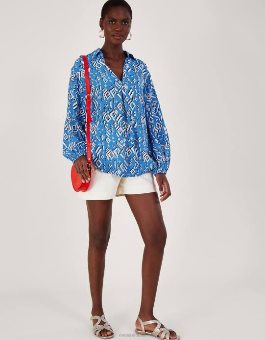 Monsoon نحيف بلوزة بطبعة جيجي من الفيسكوز المستدام D68H227 ملابس أزرق