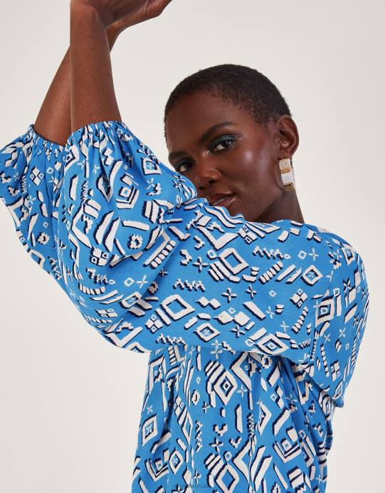 Monsoon نحيف بلوزة بطبعة جيجي من الفيسكوز المستدام D68H227 ملابس أزرق