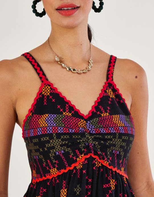 Monsoon نحيف فستان الشمس جيرسي الطباعة الهندسية D68H228 ملابس أسود