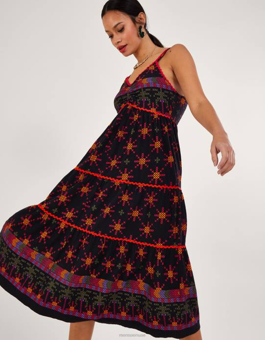 Monsoon نحيف فستان الشمس جيرسي الطباعة الهندسية D68H228 ملابس أسود