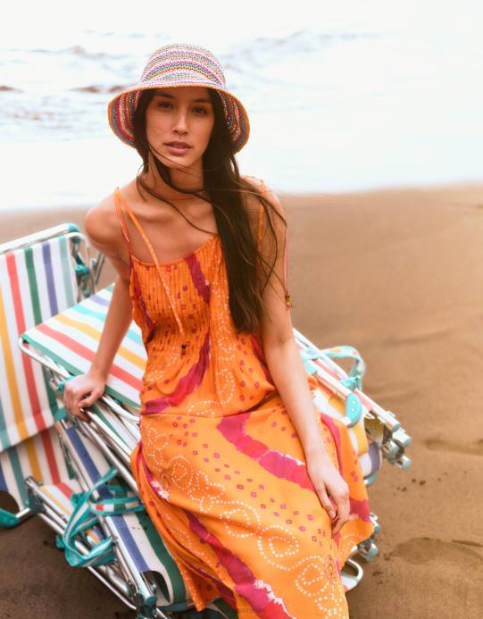 Monsoon نحيف فستان بانداني صبغ كامي ميدي D68H229 ملابس البرتقالي