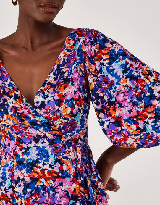 Monsoon نحيف فستان بطبعات بالمر مصنوع من الفيسكوز المستدام D68H236 ملابس أزرق