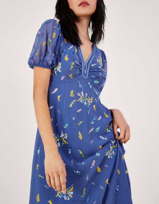 Monsoon نحيف فستان شاي زينة مزين بالترتر من البوليستر المعاد تدويره D68H237 ملابس أزرق