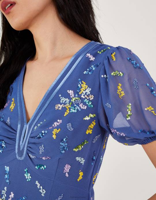 Monsoon نحيف فستان شاي زينة مزين بالترتر من البوليستر المعاد تدويره D68H237 ملابس أزرق