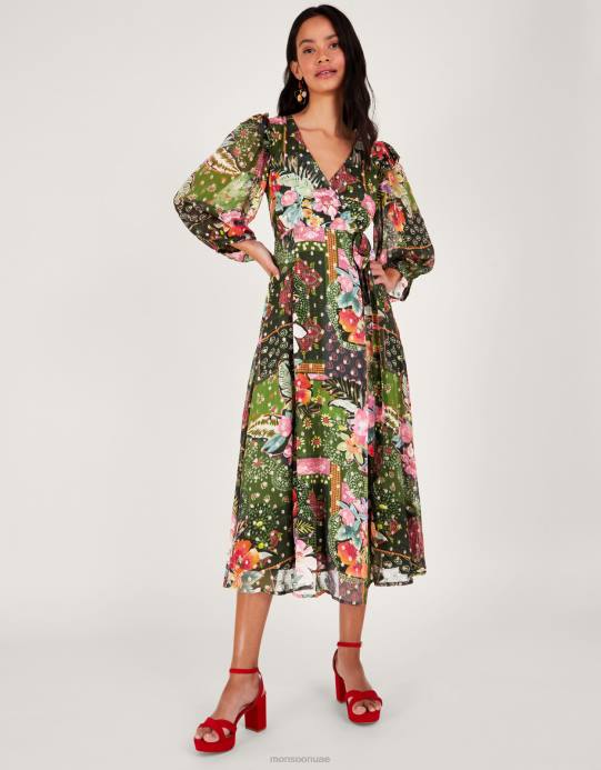 Monsoon نحيف فستان أناستازيا ملفوف ميتاليك من الفيسكوز المستدام D68H238 ملابس أخضر