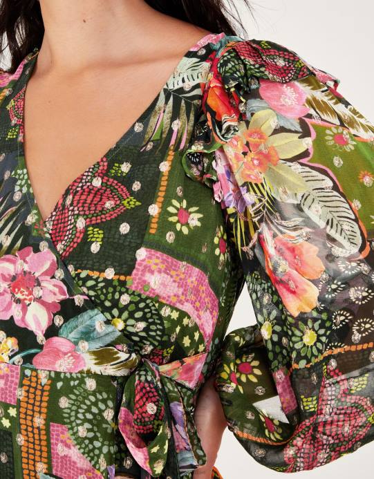 Monsoon نحيف فستان أناستازيا ملفوف ميتاليك من الفيسكوز المستدام D68H238 ملابس أخضر