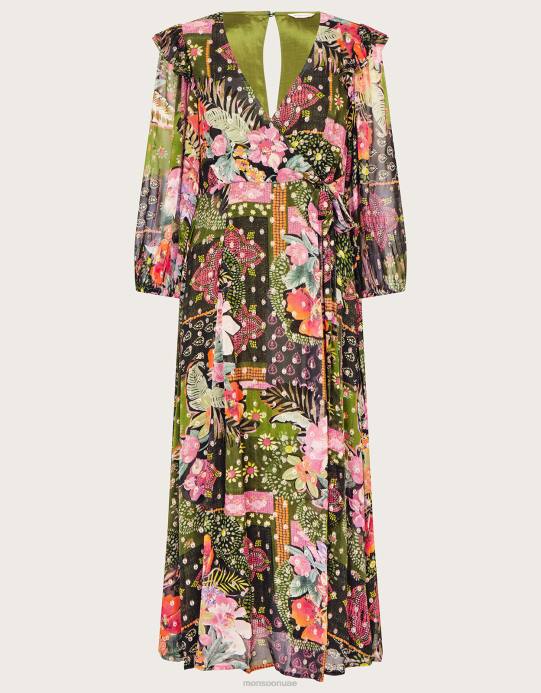 Monsoon نحيف فستان أناستازيا ملفوف ميتاليك من الفيسكوز المستدام D68H238 ملابس أخضر