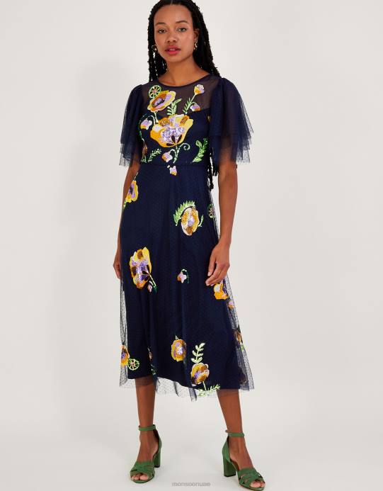 Monsoon نحيف فستان كلوديا ميدي مزين D68H239 ملابس الأزرق الداكن)