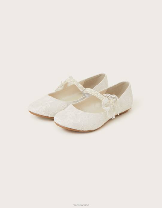 Monsoon بنت حذاء باليرينا مسطح بحزام من الدانتيل واللؤلؤ D68H2391 أحذية عاج